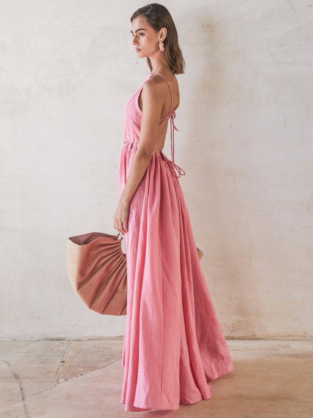 NWT Cult Gaia Bella Pink Linen Tie Up Cutout Open Back Maxi Dress S - Picture 2 of 14